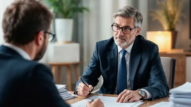 Dwóch mężczyzn w garniturach rozmawia przy biurku - Polska Platforma Finansowa Bielik.io