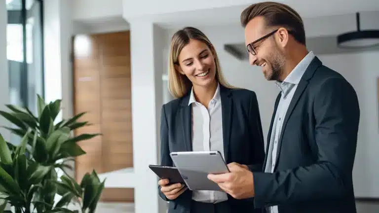 Dwoje biznesmenów rozmawiających i korzystających z tabletu - Polska Platforma Finansowa Bielik.io