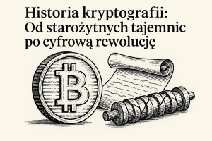 Ilustracja w stylu retro przedstawiająca historię kryptografii: moneta Bitcoin, starożytny pergamin i scytale symbolizujące rozwój szyfrowania od starożytności po erę cyfrową