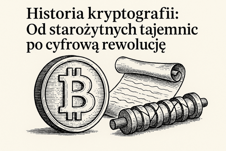 Ilustracja w stylu retro przedstawiająca historię kryptografii: moneta Bitcoin, starożytny pergamin i scytale symbolizujące rozwój szyfrowania od starożytności po erę cyfrową