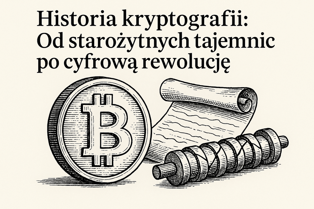 Ilustracja w stylu retro przedstawiająca historię kryptografii: moneta Bitcoin, starożytny pergamin i scytale symbolizujące rozwój szyfrowania od starożytności po erę cyfrową