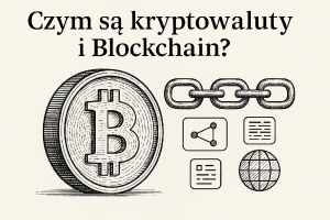 Ilustracja przedstawiająca monetę Bitcoin, łańcuch symbolizujący blockchain oraz ikony cyfrowych danych, z polskim tytułem 'Czym są kryptowaluty i Blockchain?', w czarno-białym ręcznie rysowanym stylu