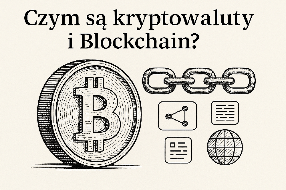 Ilustracja przedstawiająca monetę Bitcoin, łańcuch symbolizujący blockchain oraz ikony cyfrowych danych, z polskim tytułem 'Czym są kryptowaluty i Blockchain?', w czarno-białym ręcznie rysowanym stylu